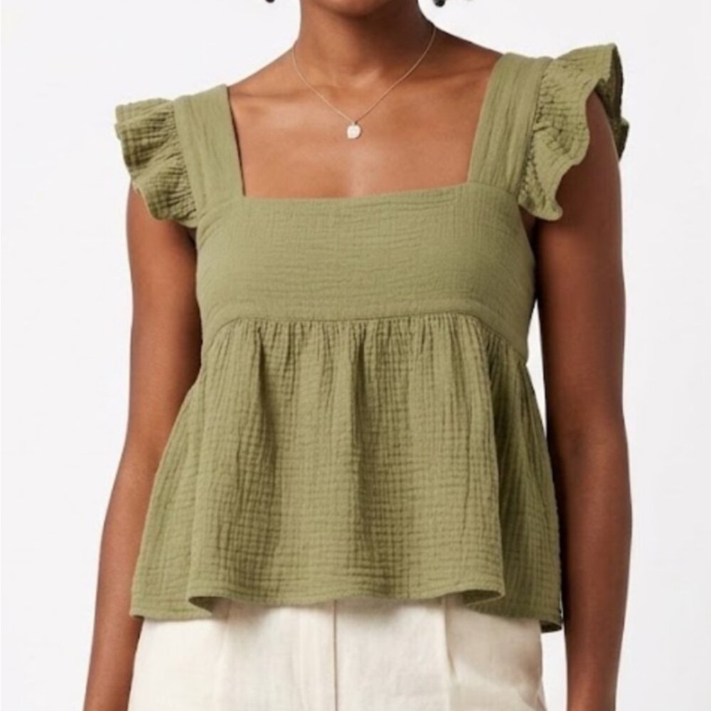 Kourt Sage Green Cotton Gauze Babydoll Top XS Cottagecore Ruffle